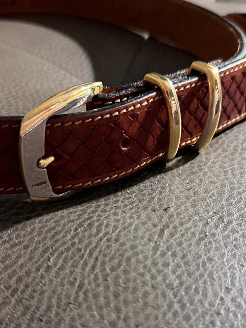 Vintage Pierre Cardin Brown Woven Leather Belt with Gold Accents